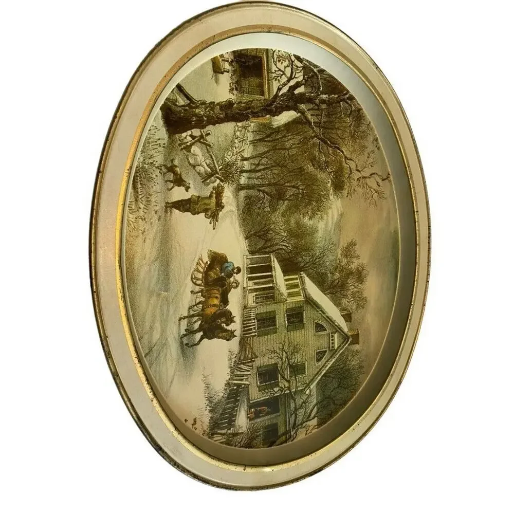 Currier and Ives The American Homestead Metal Tray Serving Vintage Winter